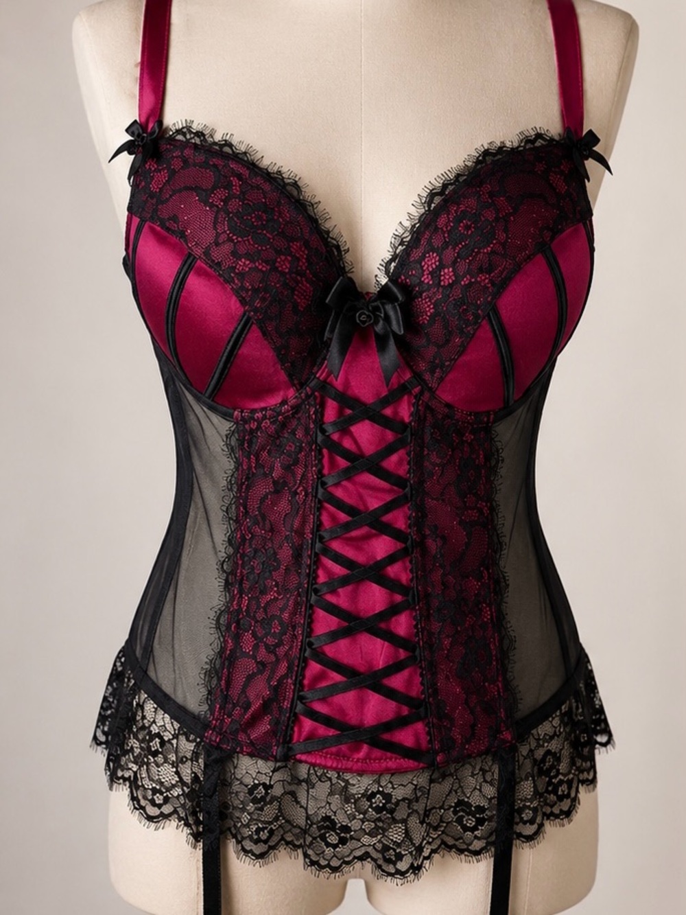 Love Honey Black Magenta Lace Corset Bustier Lingerie Babydoll Garter Top 3X/4X